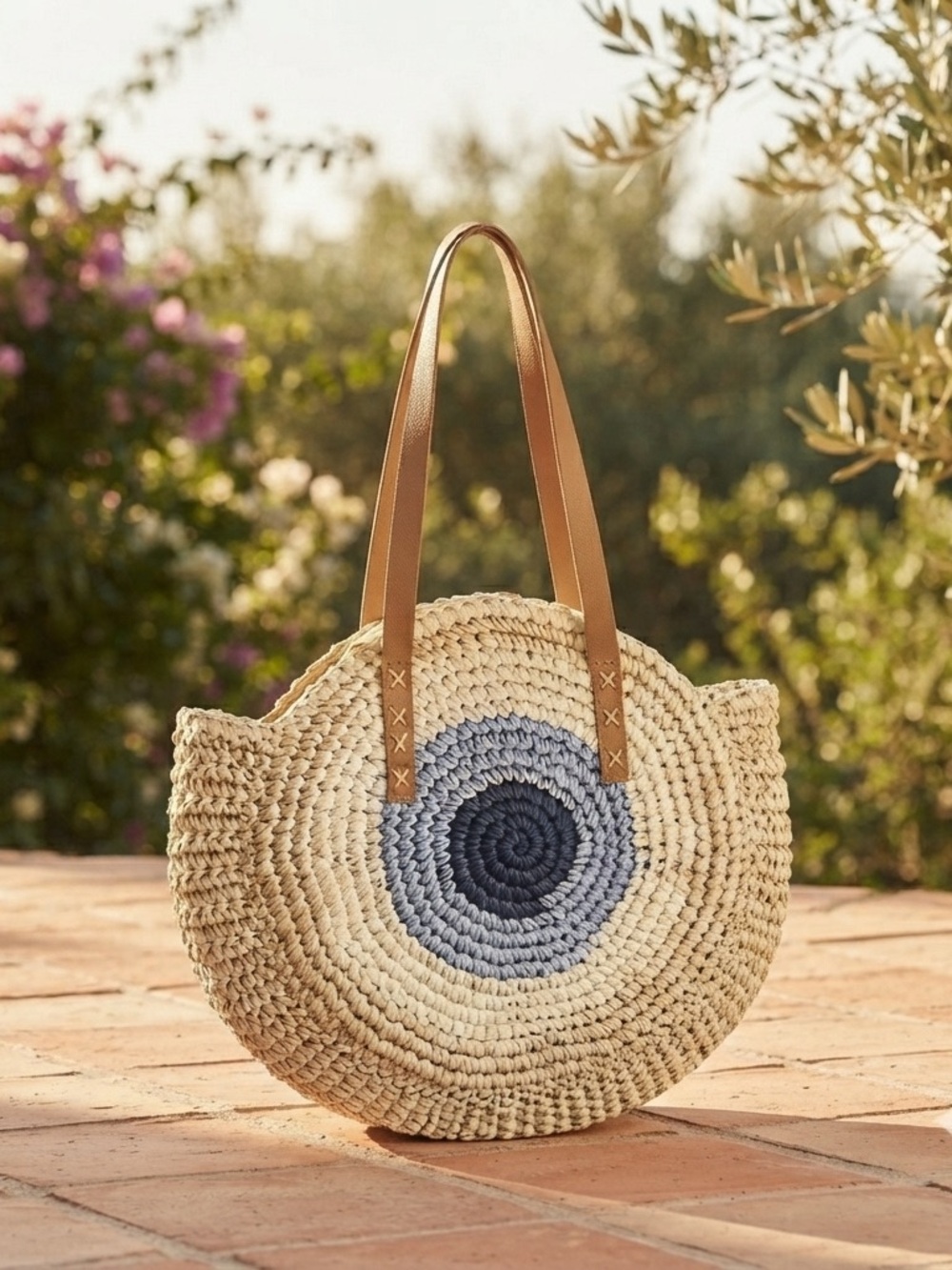 Round Straw Tote with Blue Concentric Detail and Tan Straps